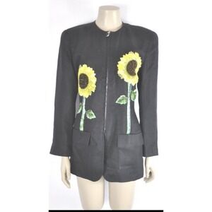 Vtg Emanuel Ungaro Beaded Sequin 3D Sunflowers Linen Designer Black Jacket 10/12